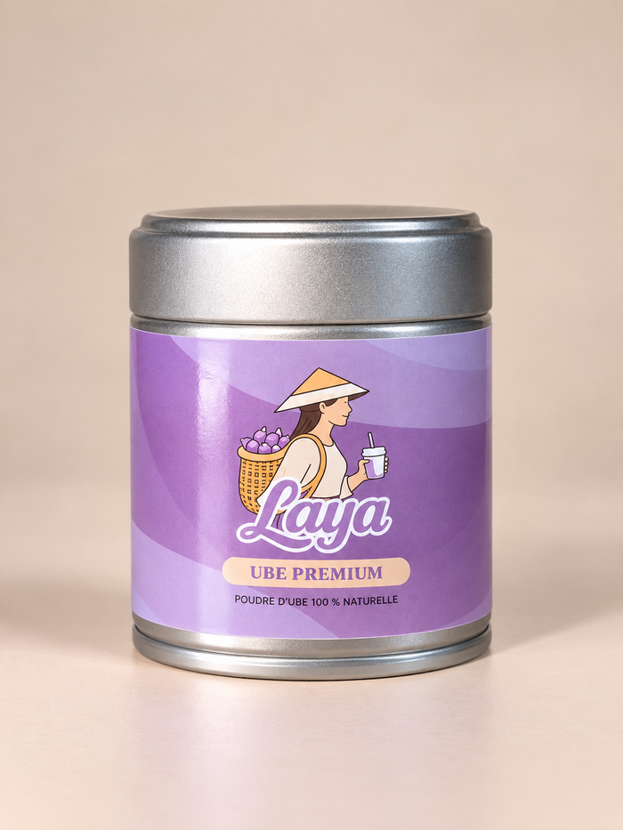 Pot de poudre d'ube Laya 100 g sur fond crème
