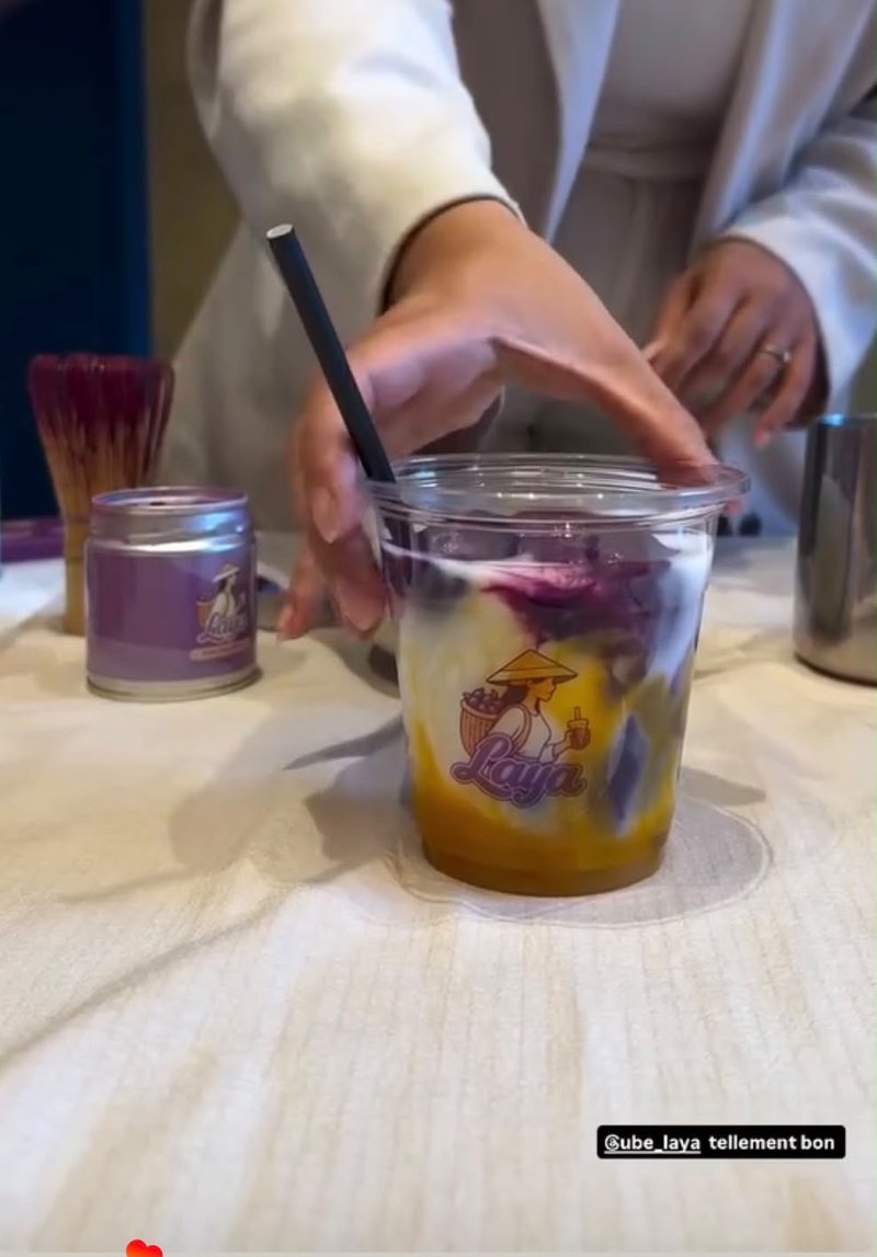 Iced coconut, mango and ube latte in a Laya cup