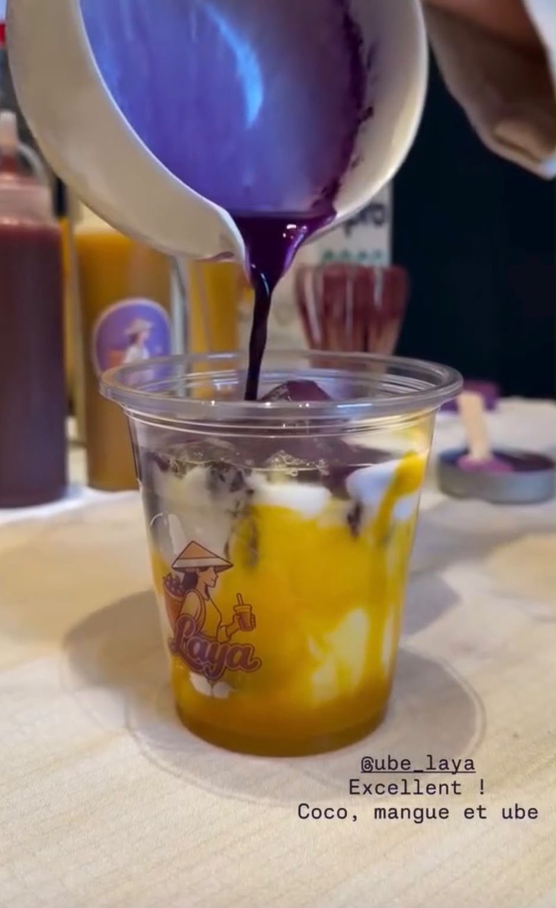 Coconut mango ube latte being prepared