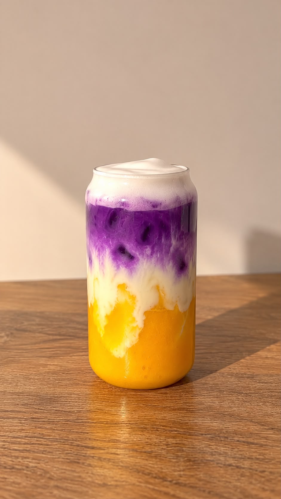 Iced Ube Mango Latte avec couches de mangue, lait de coco et ube violet