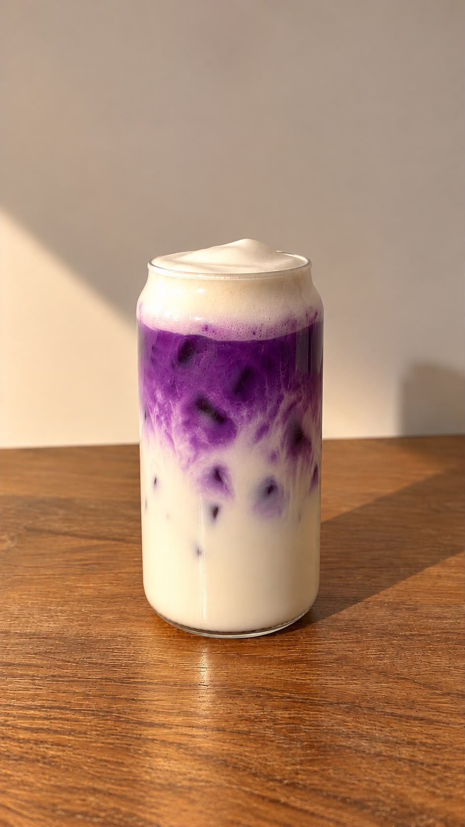 Iced Ube Latte Laya glacé, dégradé violet et lait de coco avec mousse sur le dessus