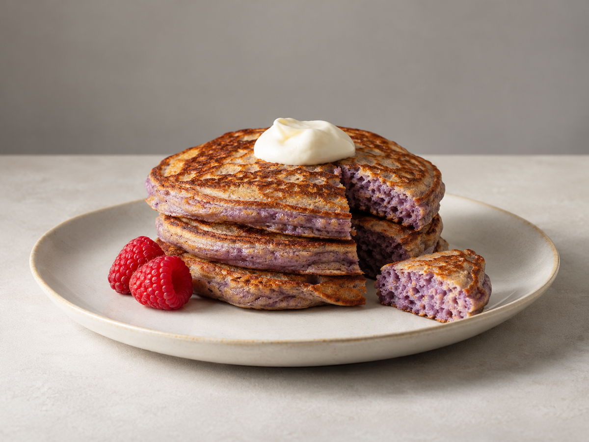 Pancakes moelleux à l’ube avec crème et framboises