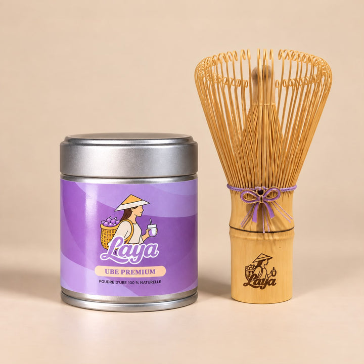 Kit Signature Laya : pot de poudre d'ube 100g et fouet en bambou gravé Laya