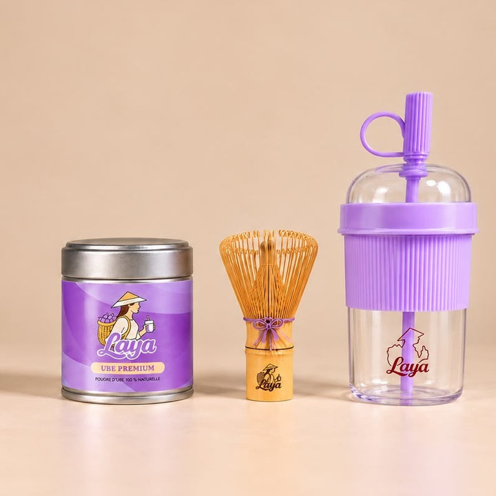 Kit Ultime Laya : pot de poudre d'ube, fouet en bambou et Laya Cup violette