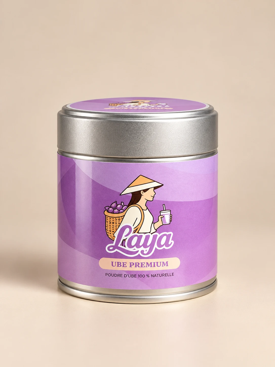 Pot de poudre d'ube Laya Ube Premium 100 g, étiquette violette, sur fond crème