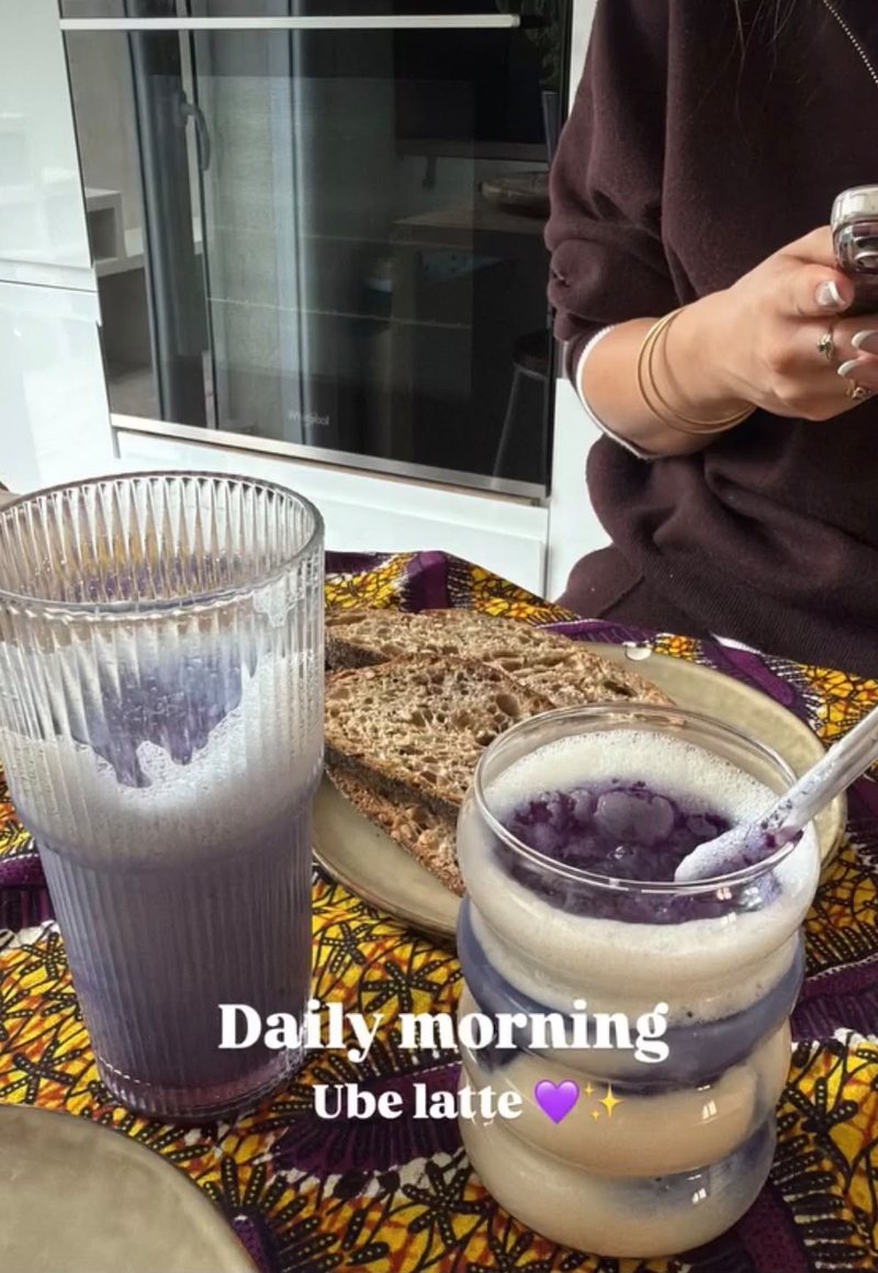 Morning ube latte served with bread